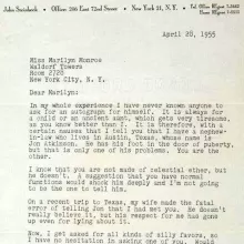 Letter from John Steinbeck to Marilyn Monroe: “He is already your slave. This would make him mine."
